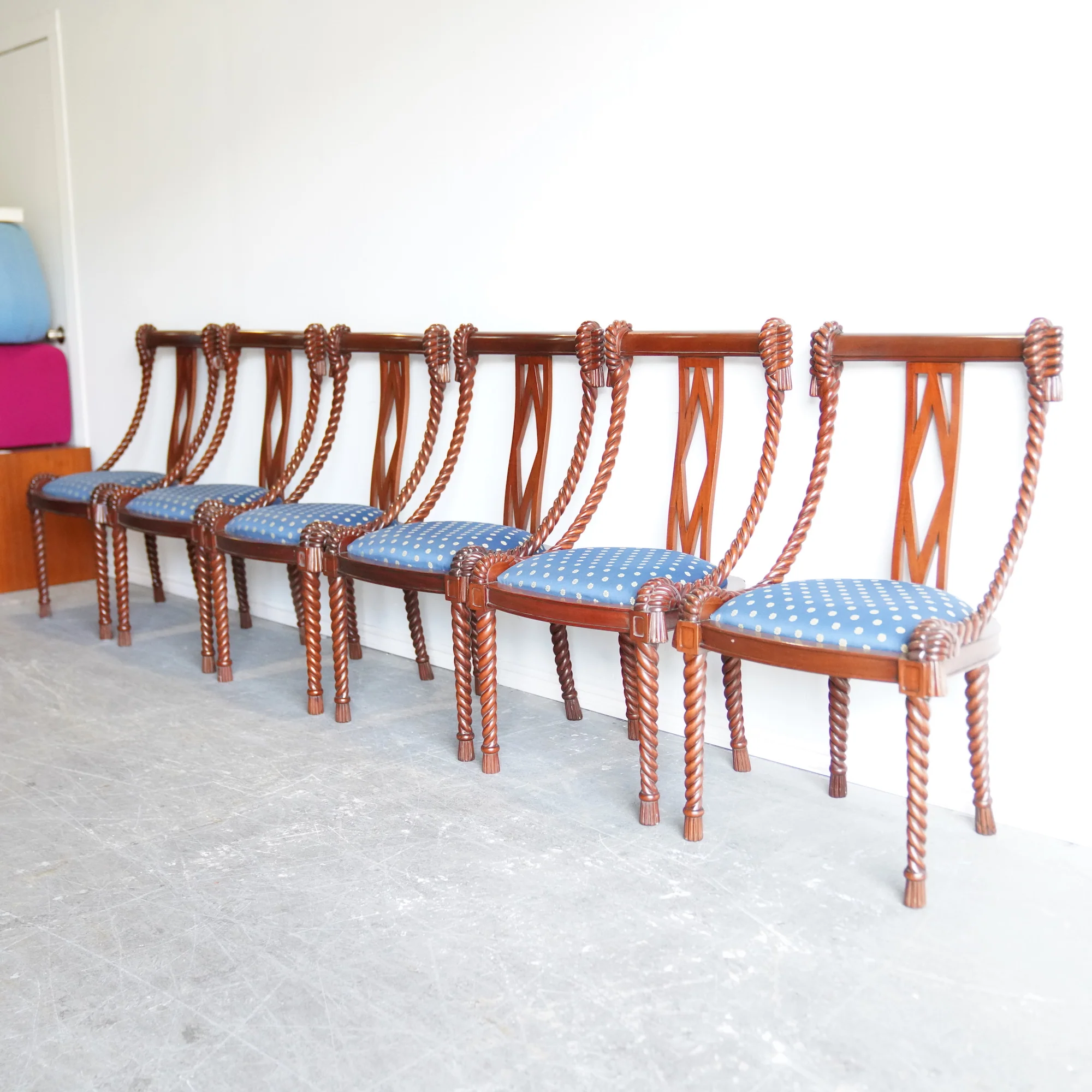 Vintage Biedermeier Barley Twist Rope Parcel Gilt Carved Side Chairs - Image 2