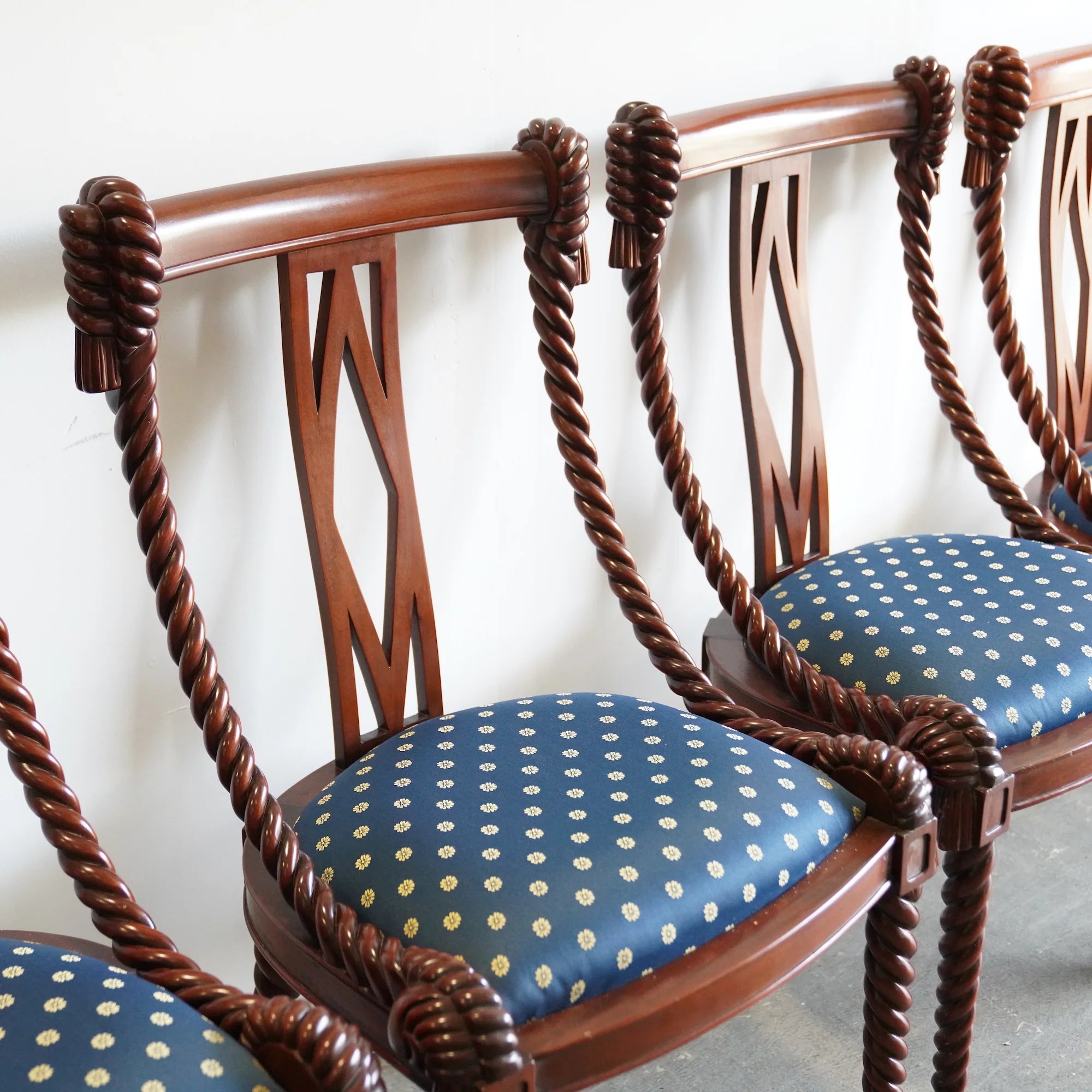 Vintage Biedermeier Barley Twist Rope Parcel Gilt Carved Side Chairs - Image 5