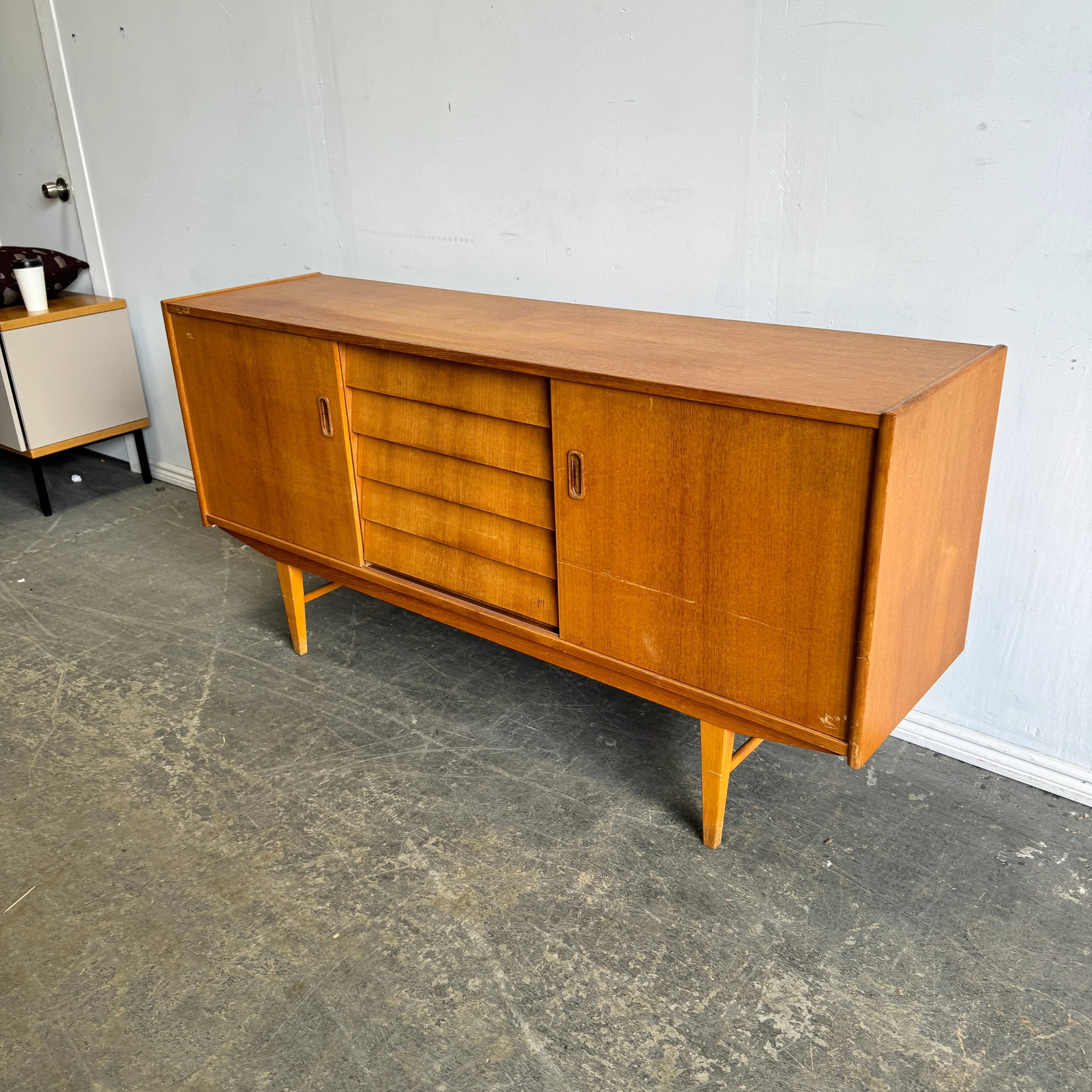 Danish Modern Sideboard Teak 5 drawer double sliding doors - Image 3