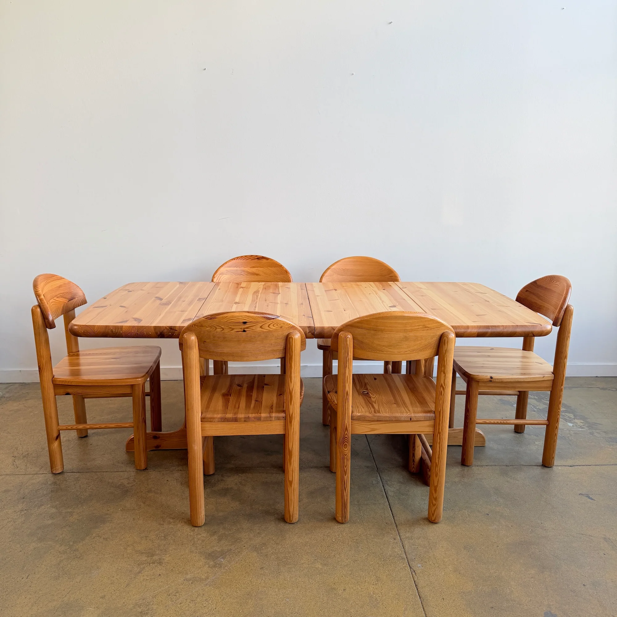 Vintage Rainer Daumiller Style Solid Pine 6 Dining Chairs + Expandable Table Set