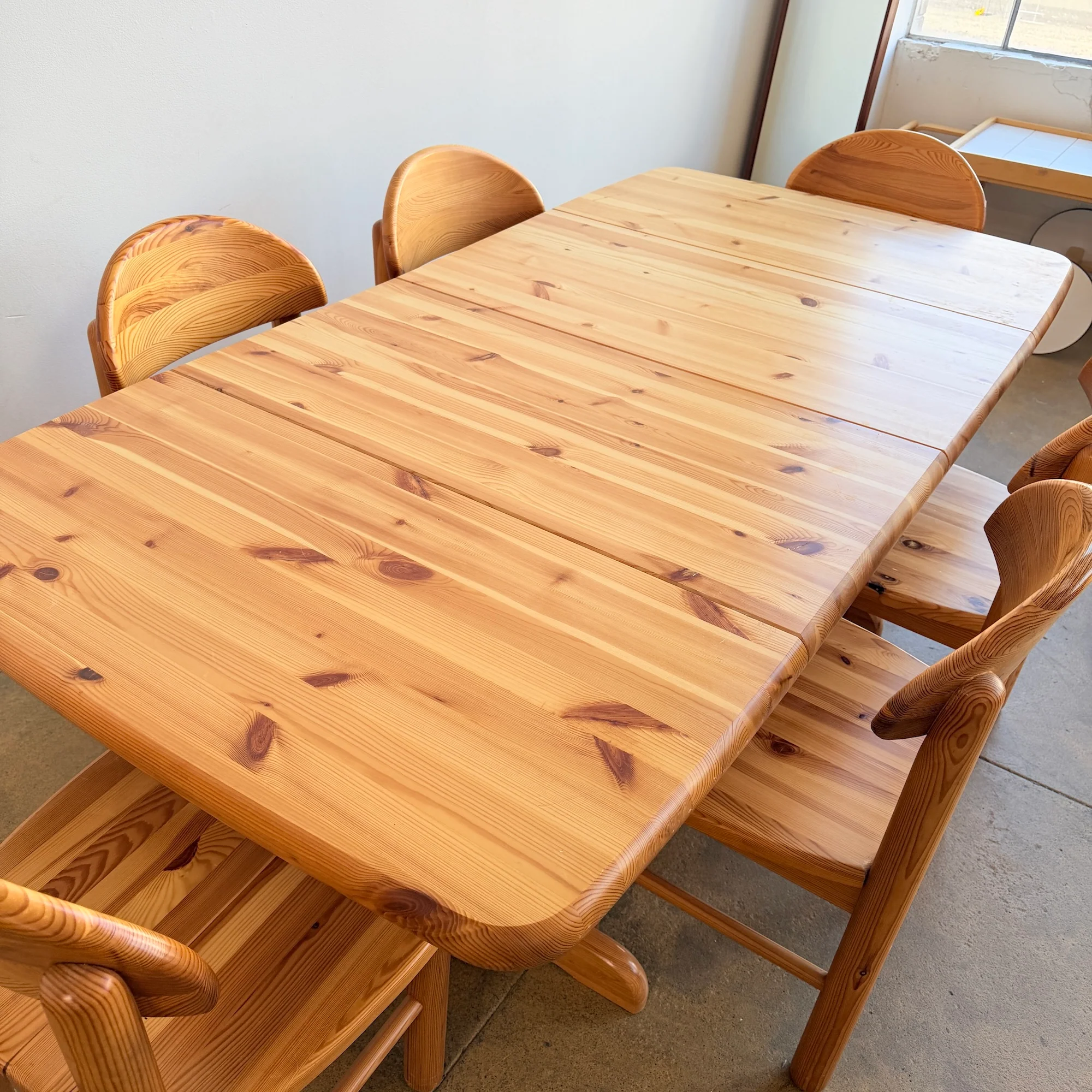 Vintage Rainer Daumiller Style Solid Pine 6 Dining Chairs + Expandable Table Set - Image 5
