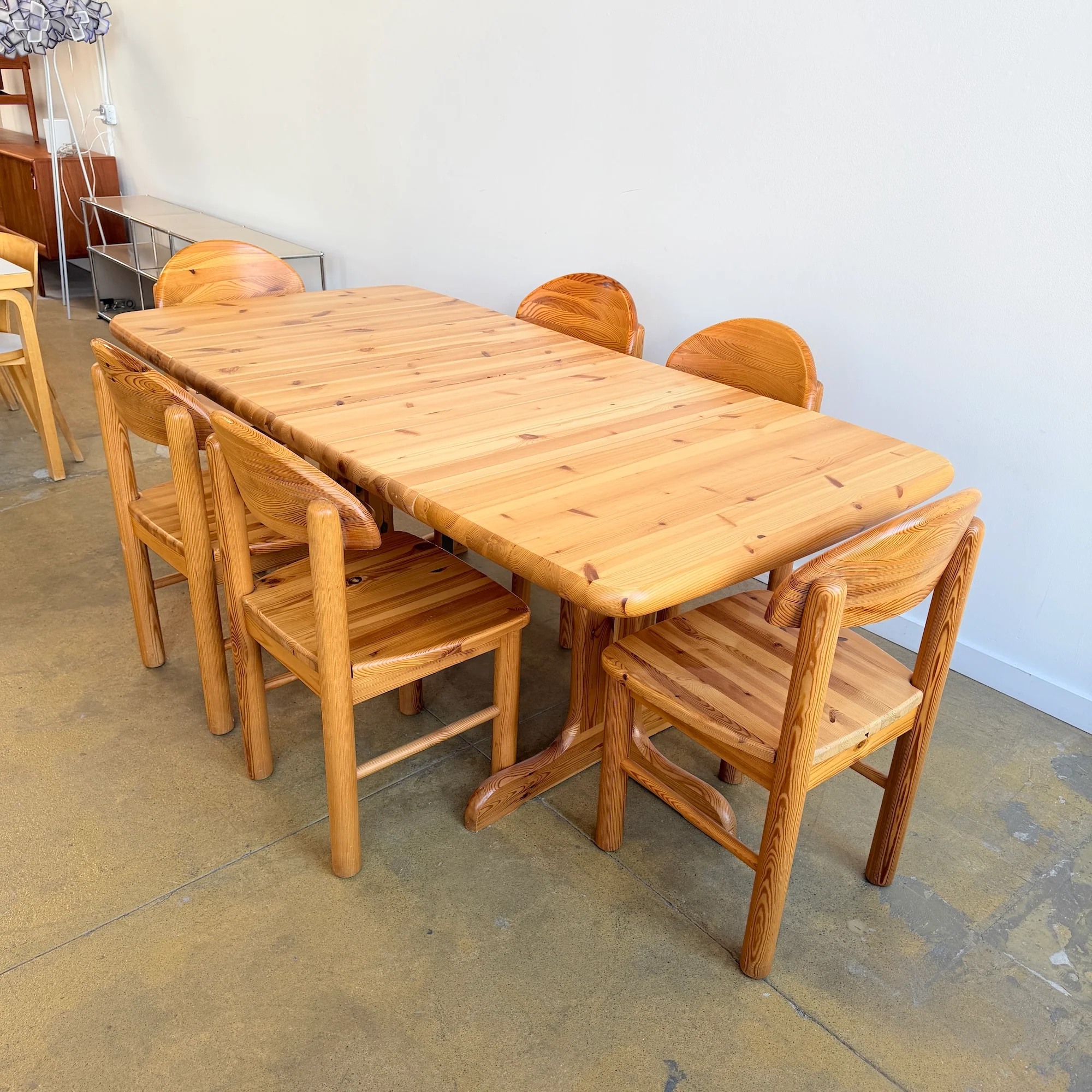 Vintage Rainer Daumiller Style Solid Pine 6 Dining Chairs + Expandable Table Set - Image 6